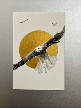 Original eagle sunset painting miniature realism art sumi-e style artwork